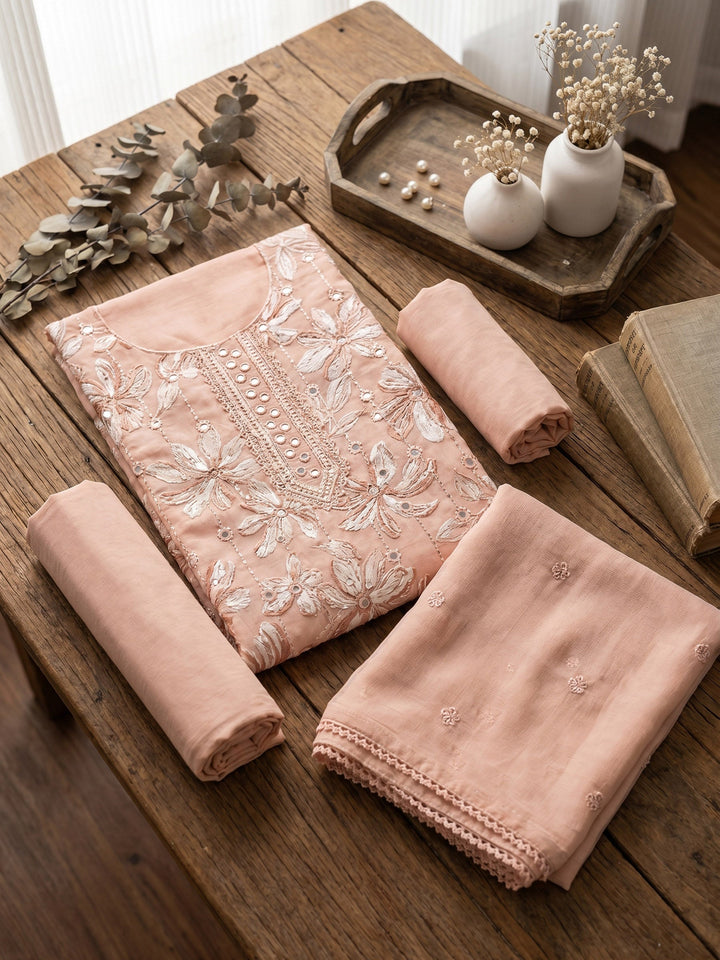 Neck Embroidered Cotton Blend Unstitched Suit With Dupatta