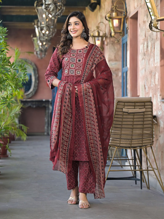 Printed Cotton Blend Kurta With Pants & Dupatta