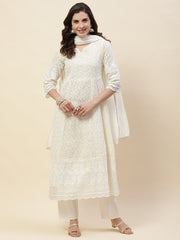 Resham Embroidery Cotton Kurta With Pants & Dupatta