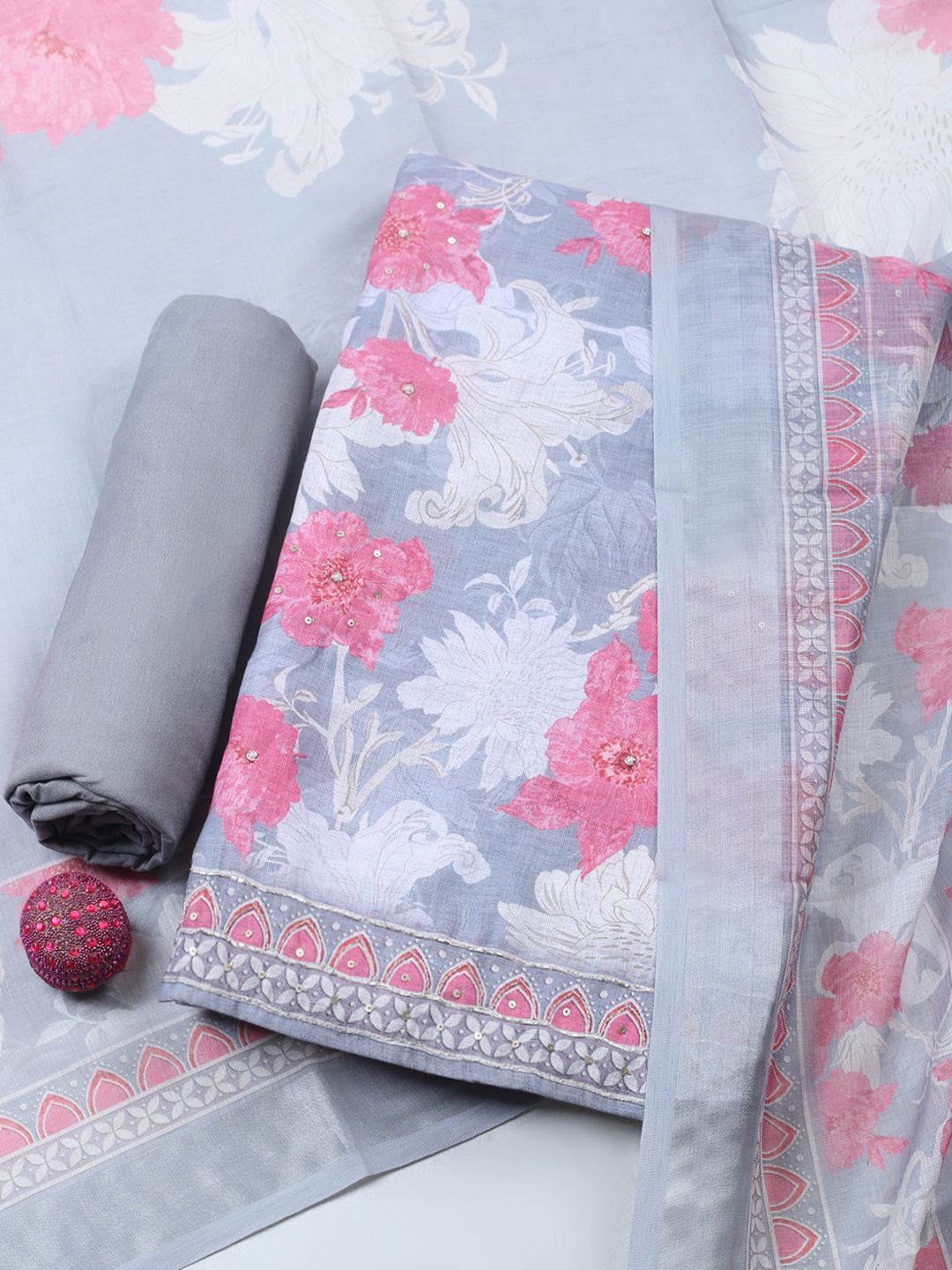 Embroidered Linen Blend Unstitched Suit With Pant &amp; Dupatta