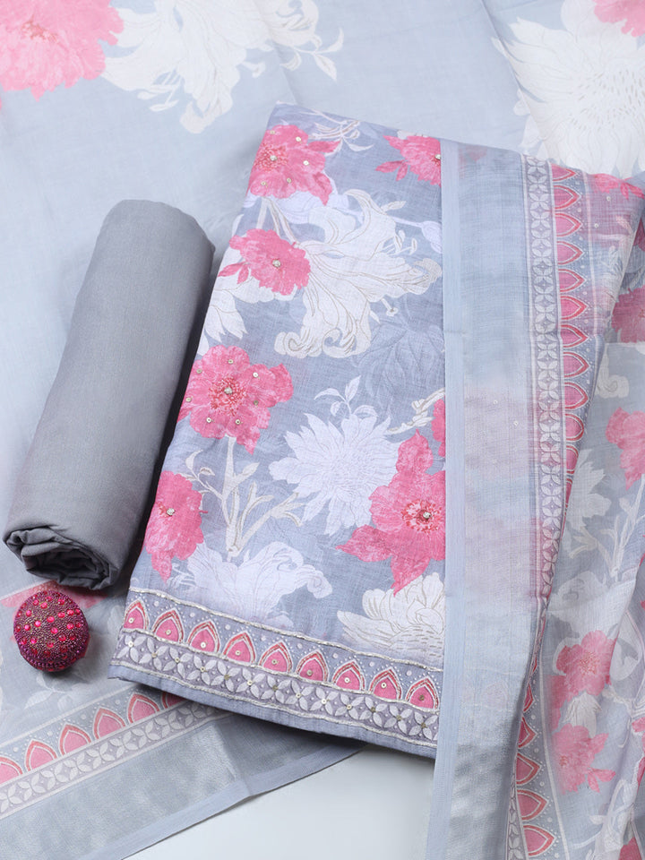 Embroidered Linen Blend Unstitched Suit With Pant &amp; Dupatta