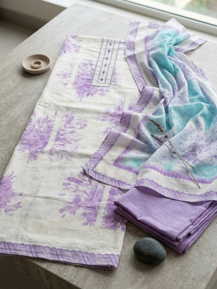 Printed Cotton Blend Unstitched Suit With Pant &amp; Dupatta