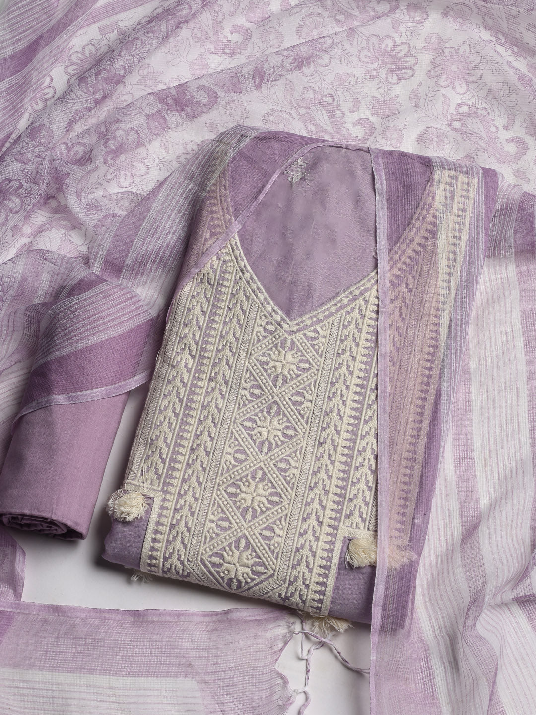 Neck Embroidered Cotton Blend Unstitched Suit With Dupatta