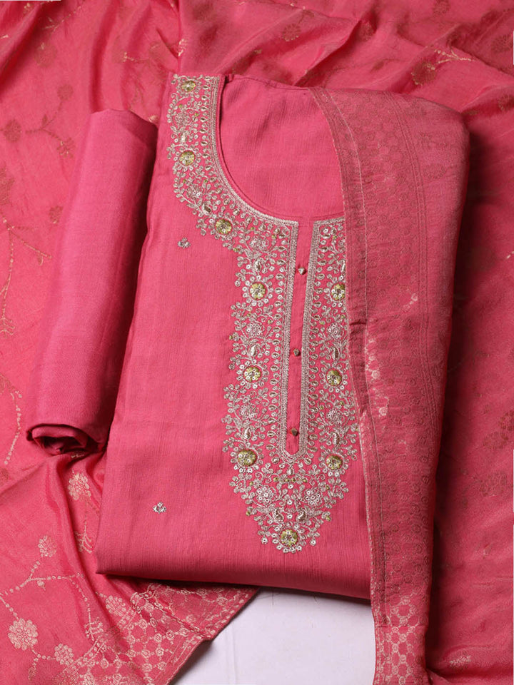 Embroidered Chanderi Unstitched Suit With Pant &amp; Dupatta