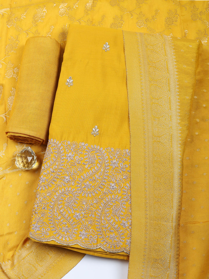 Embroidered Chanderi Unstitched Suit With Pant &amp; Dupatta