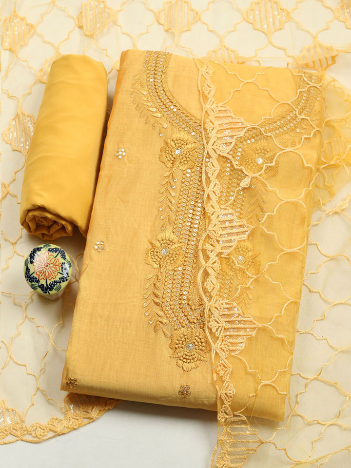 Embroidered Chanderi Unstitched Suit With Pant &amp; Dupatta