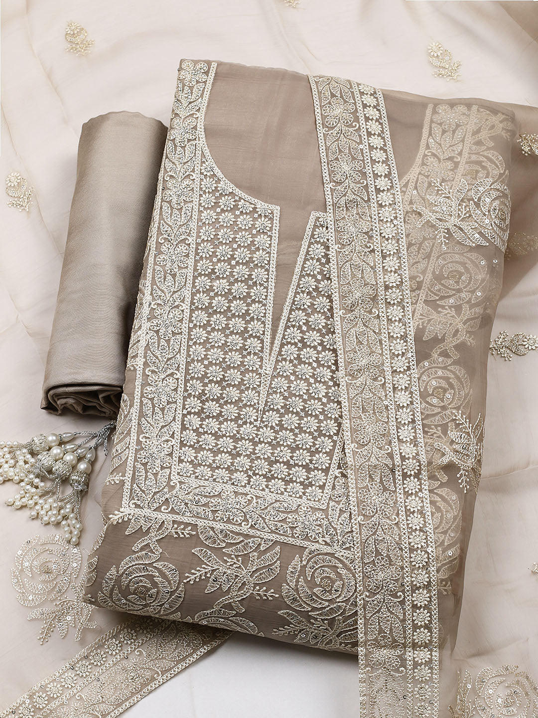 Embroidered Organza Unstitched Suit With Pant &amp; Dupatta