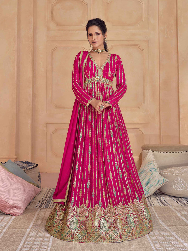 Resham Zari Beads Work V Neck Long Sleeve Georgette Gown