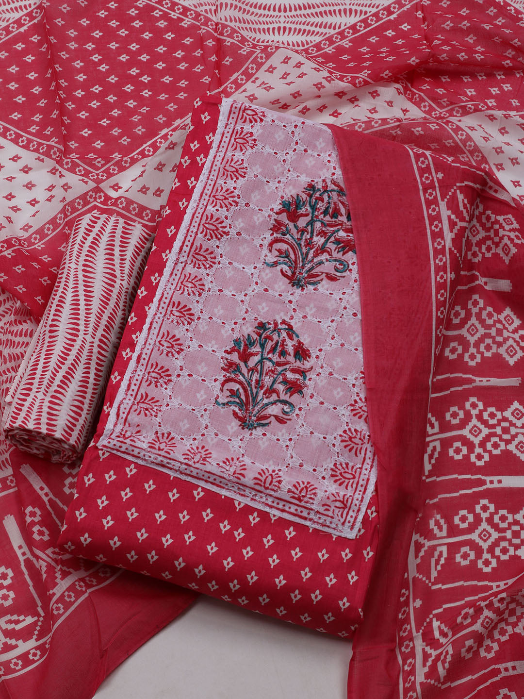 Printed Cotton Blend Unstitched Suit With Dupatta