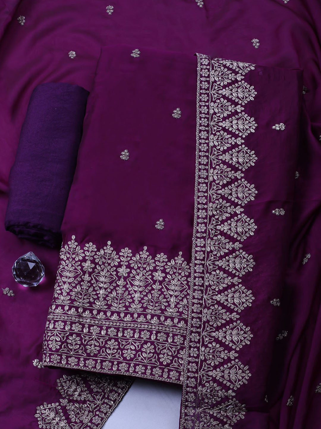 Embroidered Chanderi Unstitched Suit With Pant &amp; Dupatta