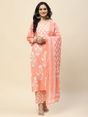 Printed Cotton Kurta With Pants & Dupatta