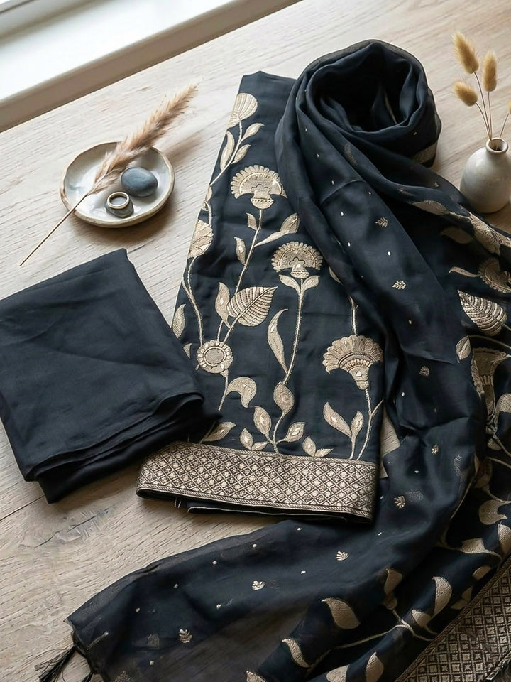 Embroidered Chanderi Unstitched Suit With Pant &amp; Dupatta