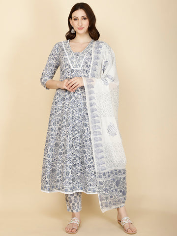 Floral Printed Cotton Kurta With Pants & Dupatta