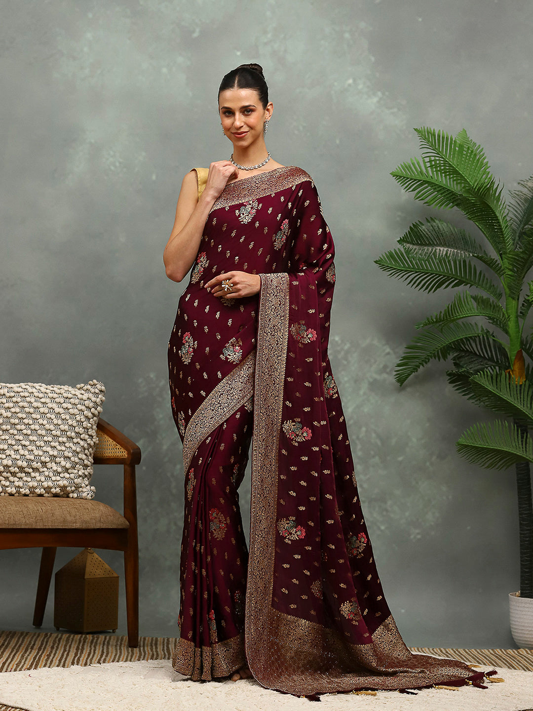 Stone Work Satin Embroidery Saree