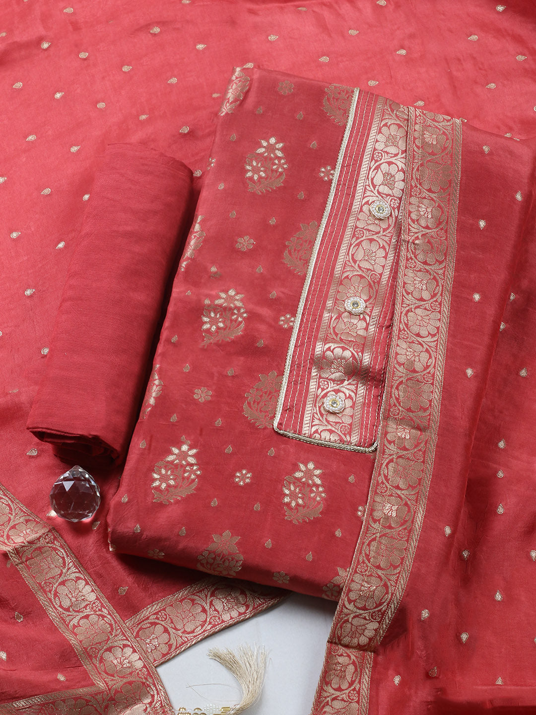 Embroidered Chanderi Unstitched Suit With Pant &amp; Dupatta