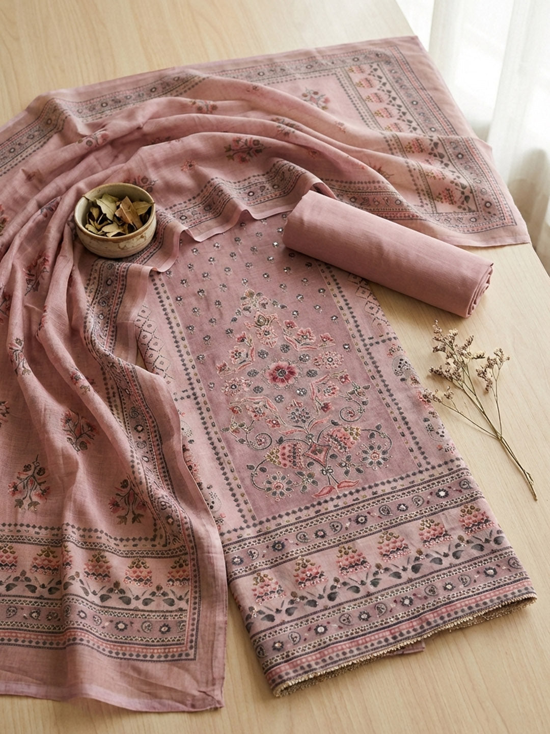 Printed Cotton Blend Unstitched Suit With Pant &amp; Dupatta