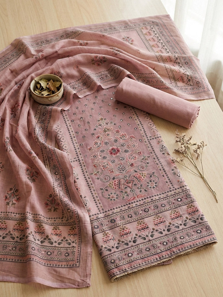 Printed Cotton Blend Unstitched Suit With Pant &amp; Dupatta