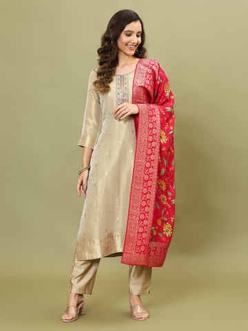 Woven Tissue Kurta With Pants & Dupatta