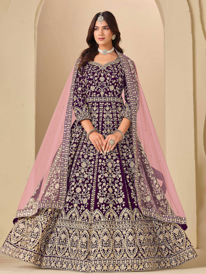 Embroidered Velvet Semi Stitched Kurta With Pant &amp; Dupatta