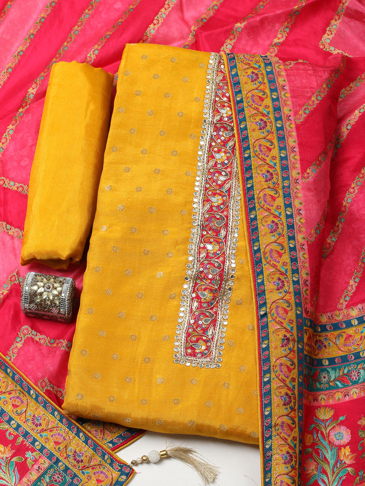 Embroidered Chanderi Unstitched Suit With Pant &amp; Dupatta
