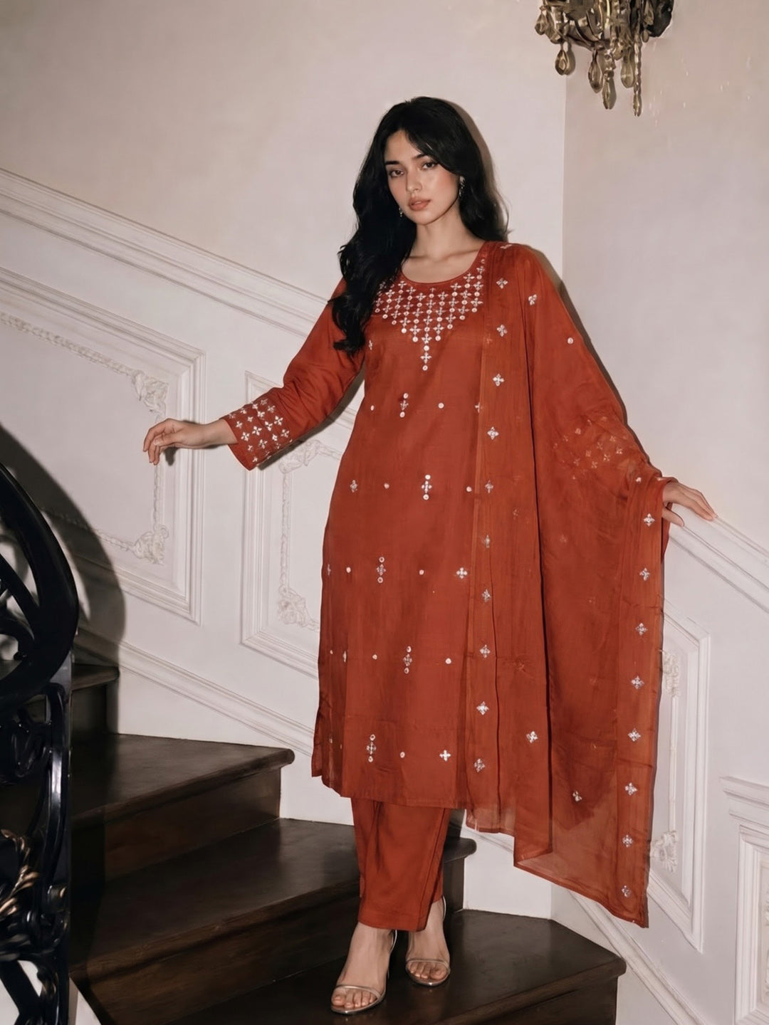 Rust Printed Cotton Blend Kurta With Pant &amp; Dupatta