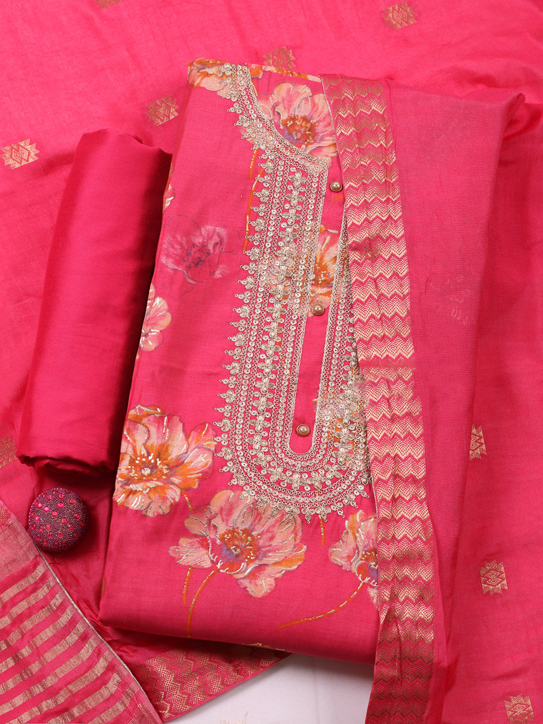 Embroidered Cotton Blend Unstitched Suit With Pant &amp; Dupatta