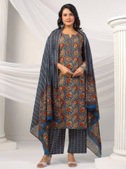 Printed Cotton Blend Kurta With Pants & Dupatta