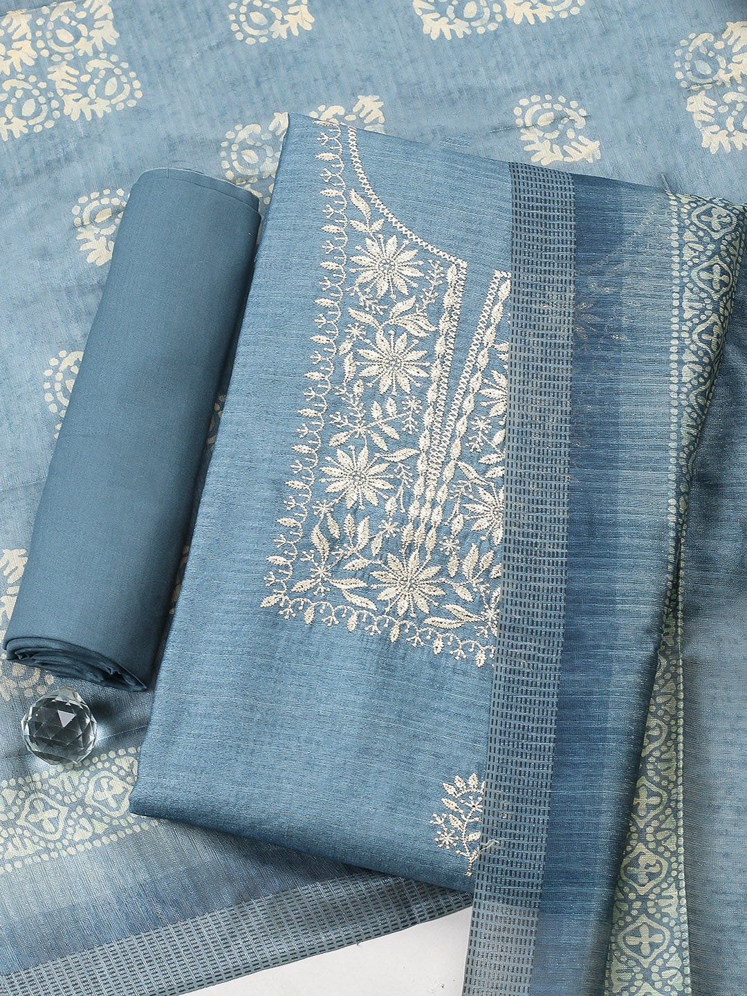 Embroidered Chanderi Unstitched Suit With Pant &amp; Dupatta