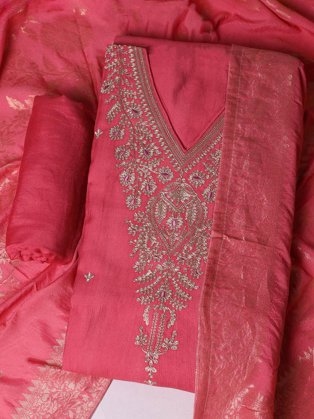 Embroidered Chanderi Unstitched Suit With Pant &amp; Dupatta