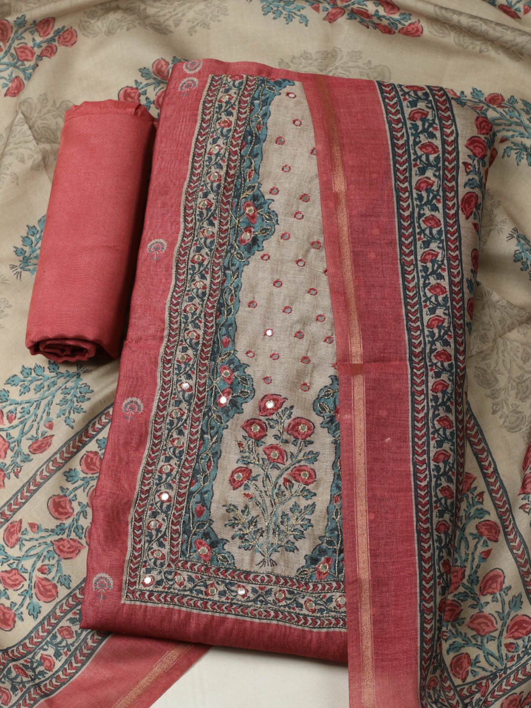 Printed Chanderi Unstitched Suit With Pant &amp; Dupatta