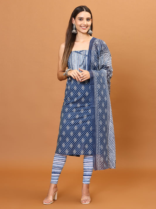 Printed Cotton Blend Unstitched Suit Piece With Dupatta