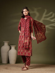 Printed Cotton Blend Kurta With Pant & Dupatta