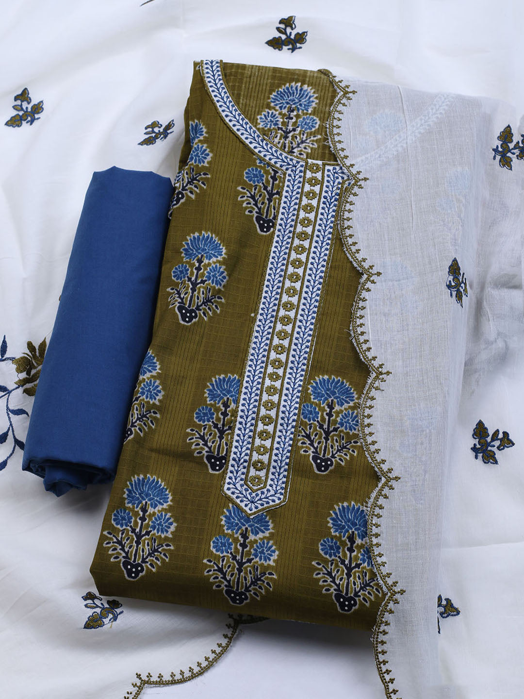 Neck Embroidered Cotton Blend Unstitched Suit With Dupatta