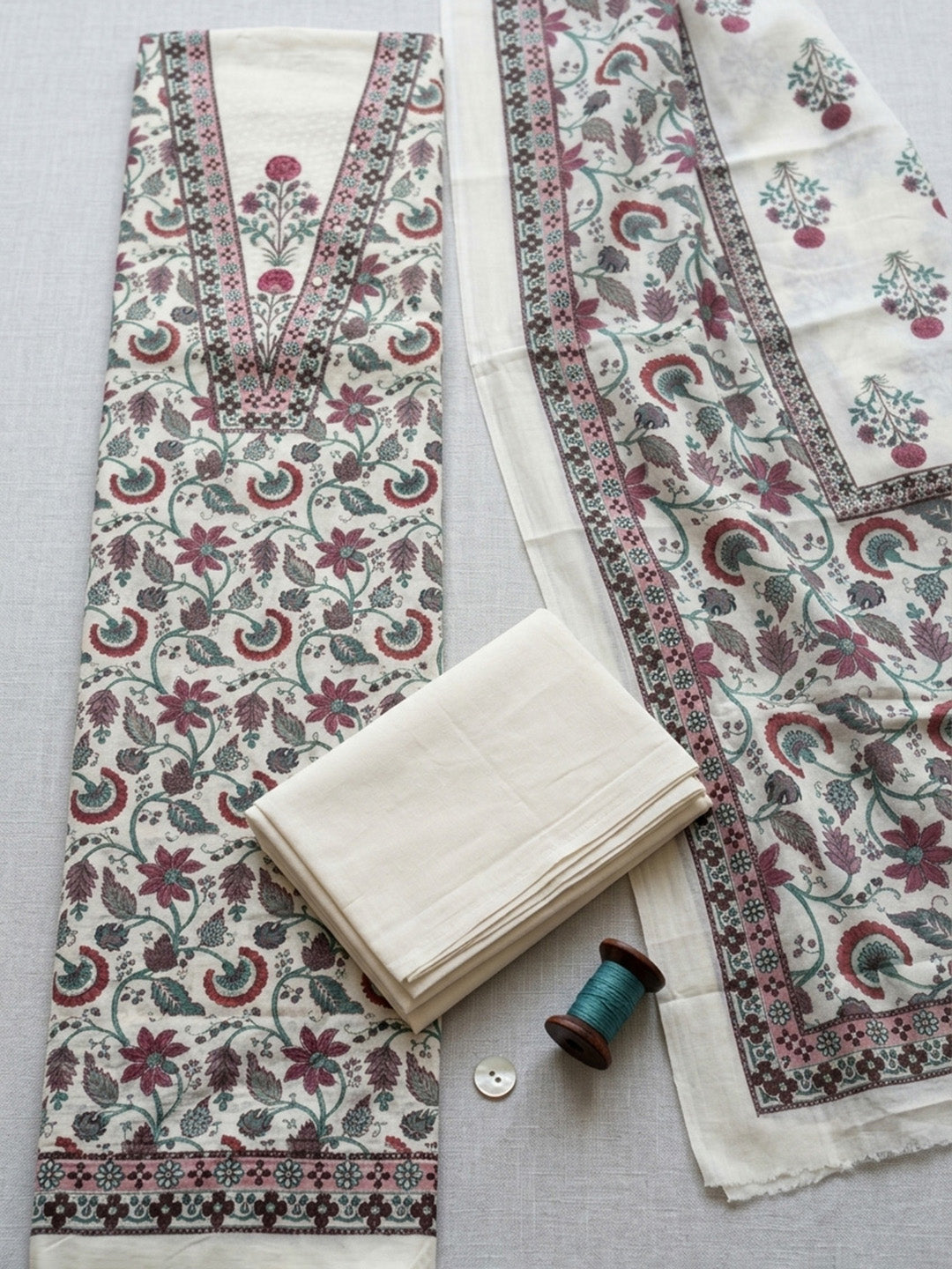 Embroidered Cotton Blend Unstitched Suit With Pant &amp; Dupatta