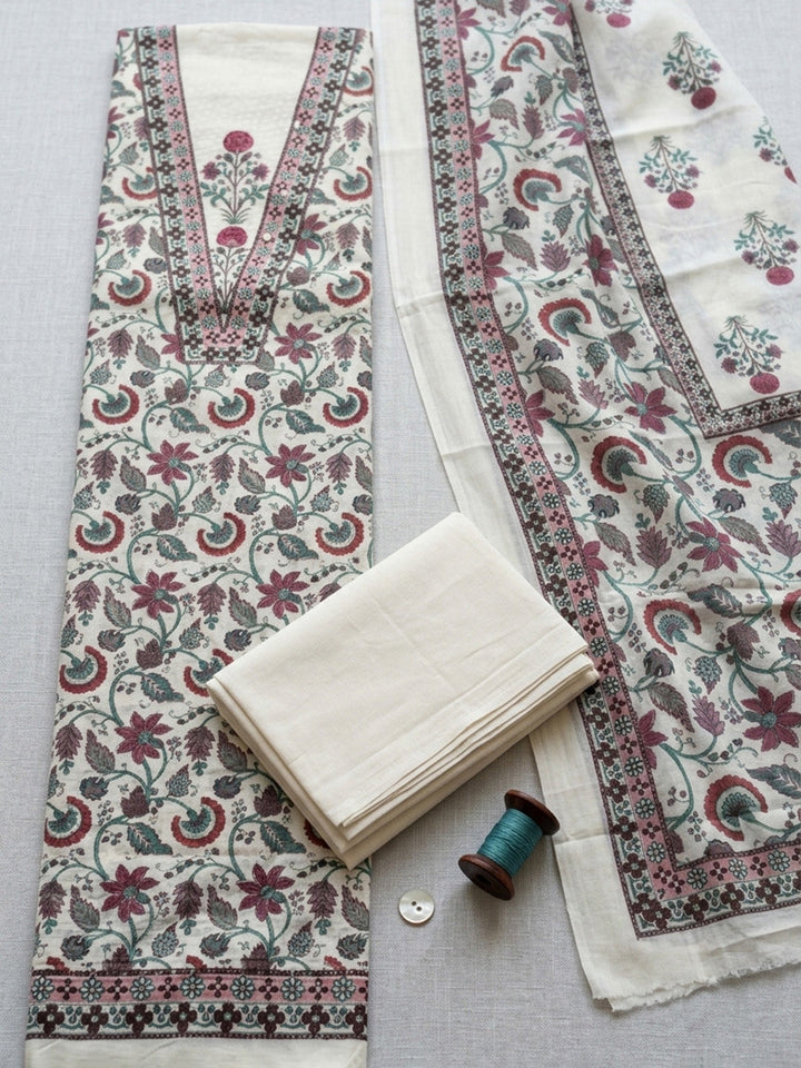 Embroidered Cotton Blend Unstitched Suit With Pant &amp; Dupatta