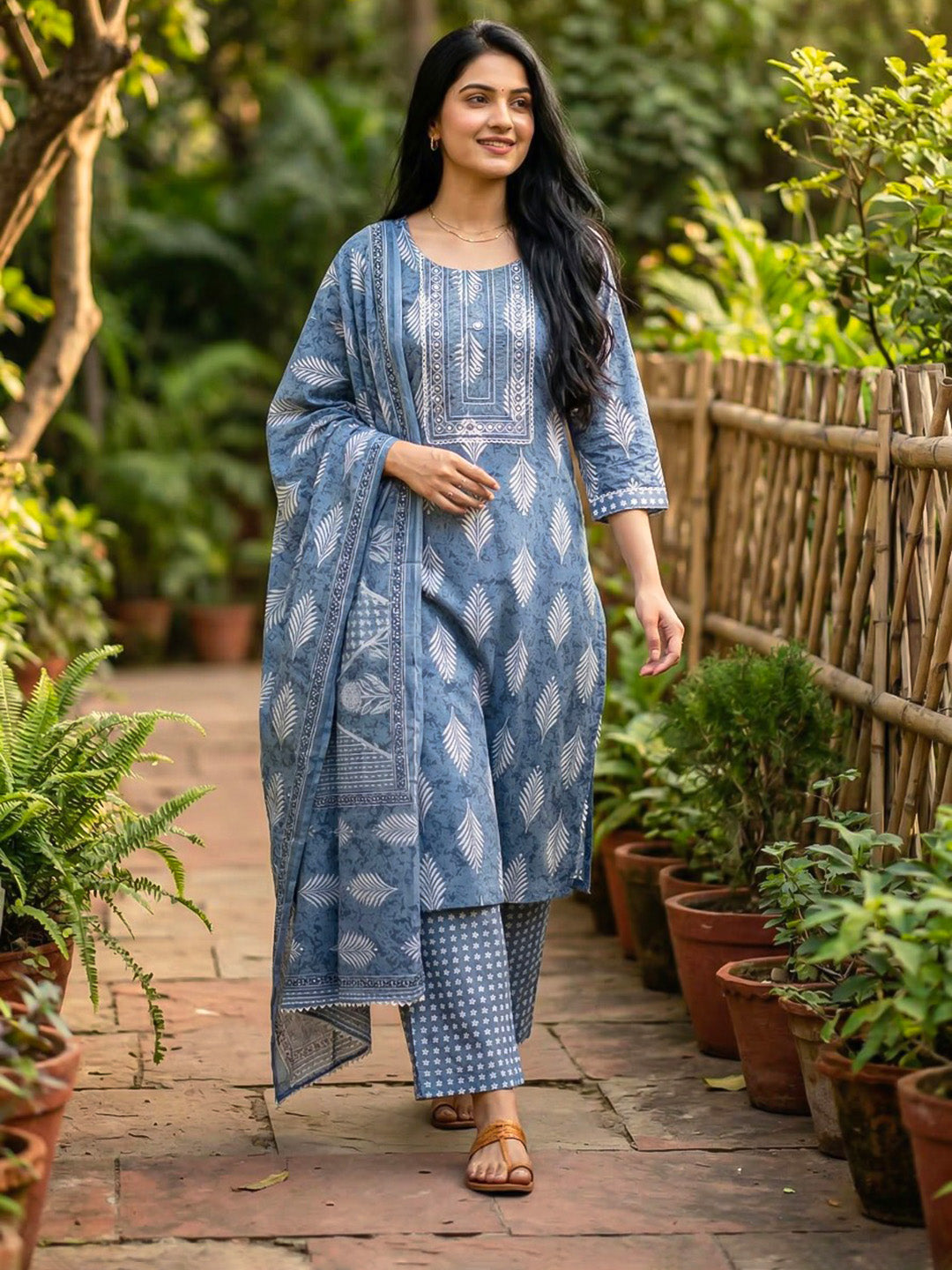 Printed Cotton Blend Suit With Pant &amp; Dupatta