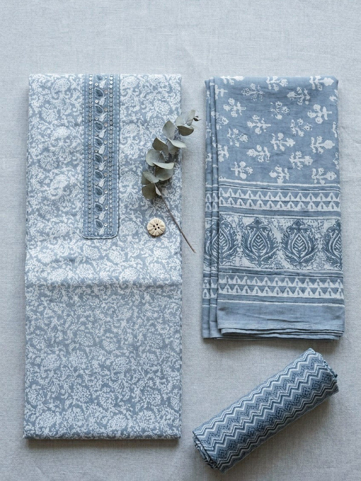 Embroidered Cotton Blend Unstitched Suit With Pant &amp; Dupatta