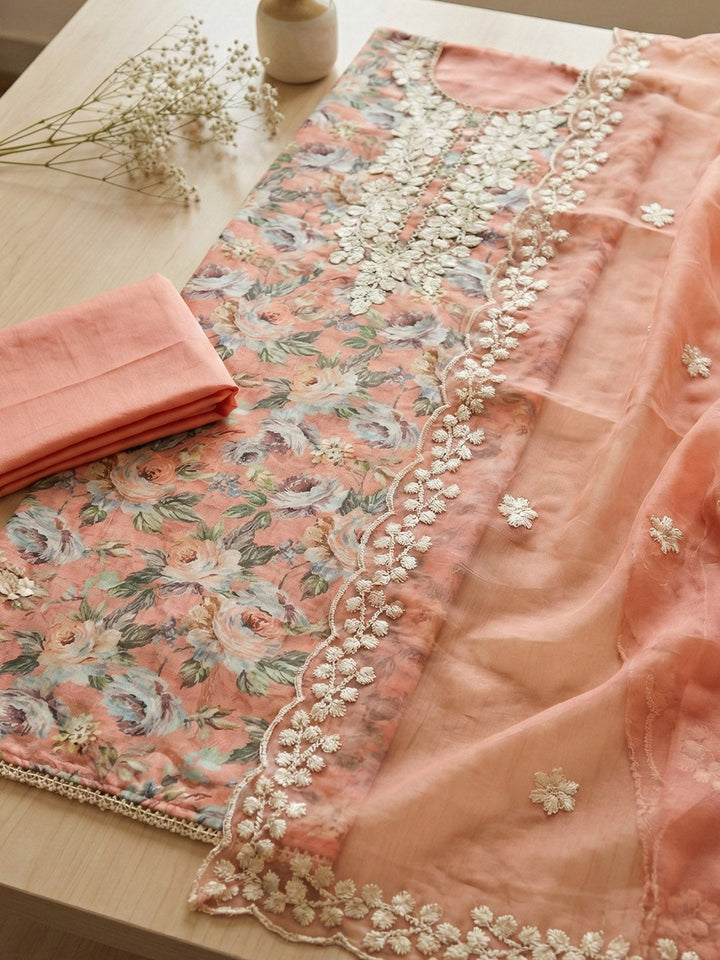 Printed Chanderi Unstitched Suit With Pant &amp; Dupatta