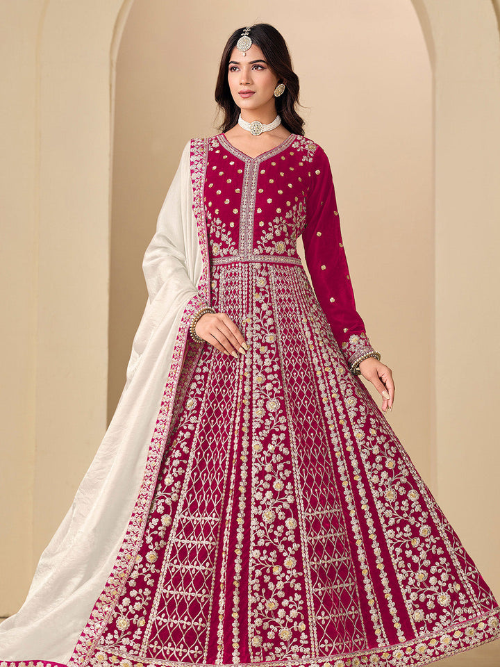 Embroidered Velvet Semi Stitched Kurta With Pant &amp; Dupatta