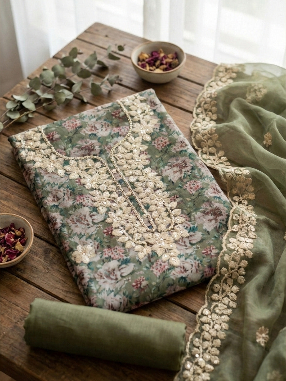 Printed Cotton Blend Unstitched Suit With Pant &amp; Dupatta