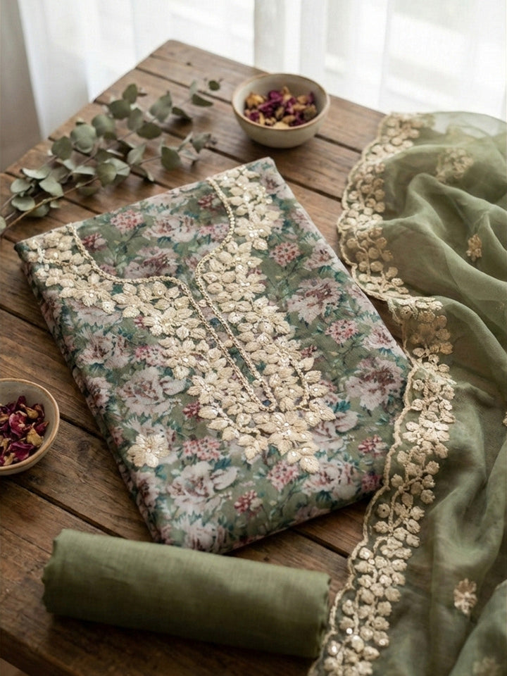 Printed Cotton Blend Unstitched Suit With Pant &amp; Dupatta