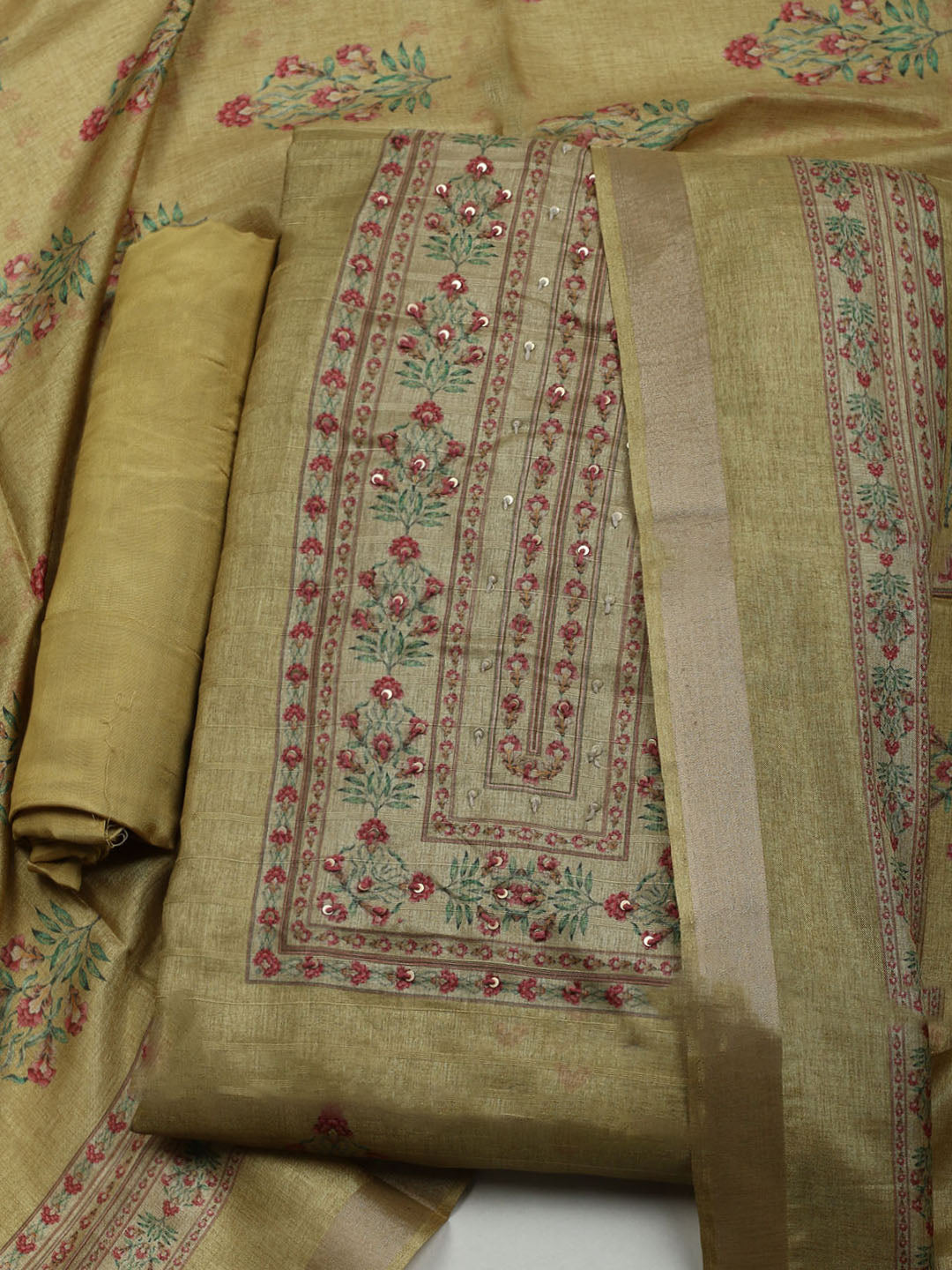Embroidered Art Silk Unstitched Suit With Dupatta