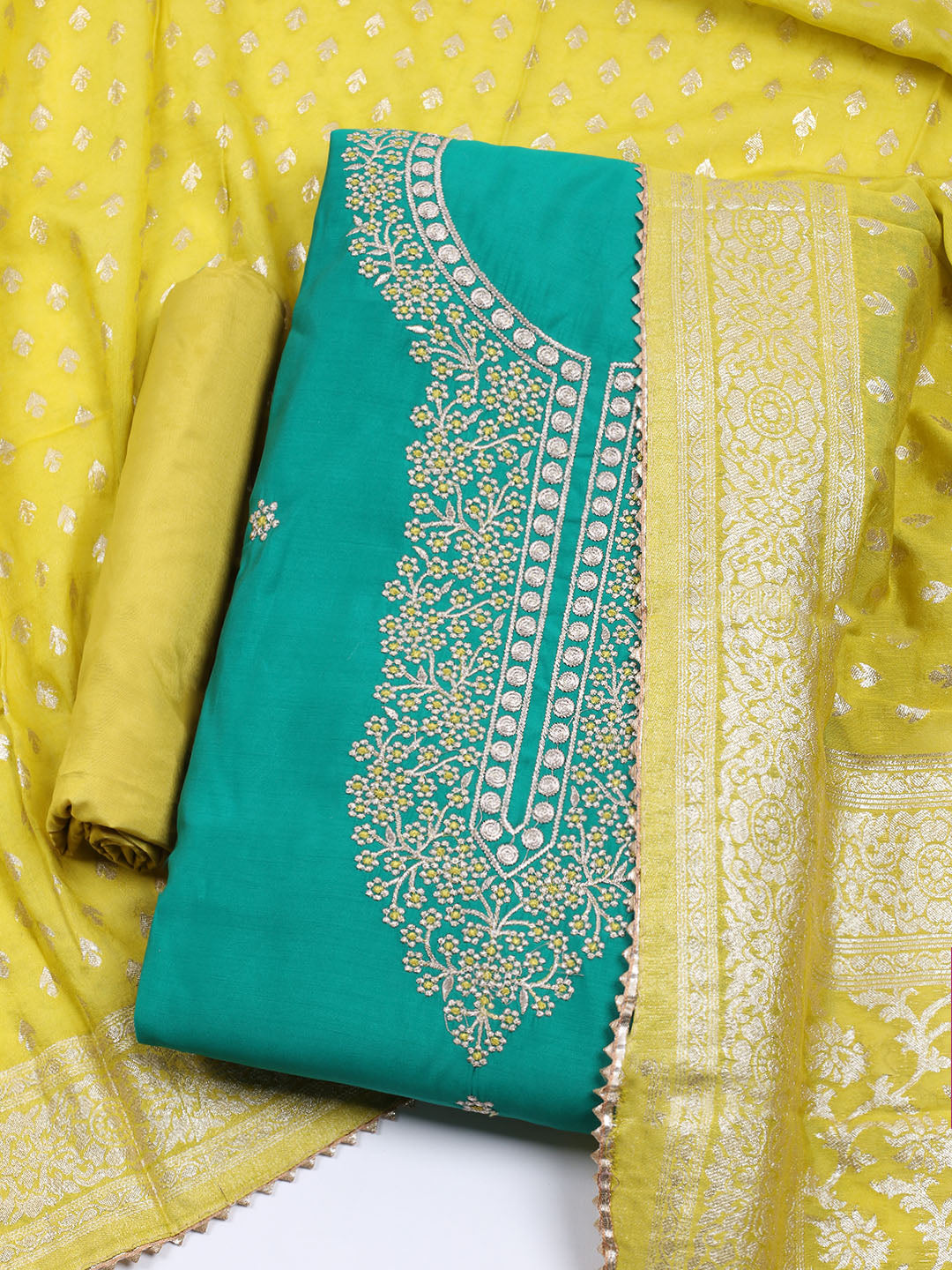 Neck Embroidered Chanderi Unstitched Suit With Dupatta