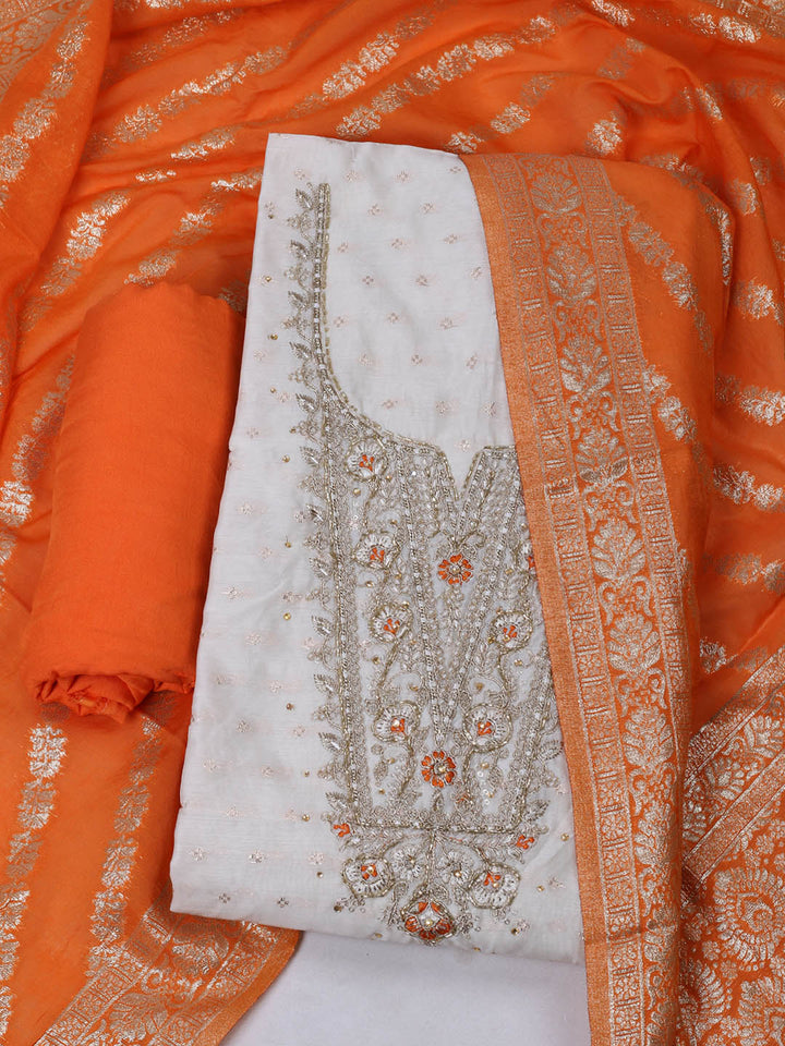 Embroidered Chanderi Unstitched Suit With Pant &amp; Dupatta
