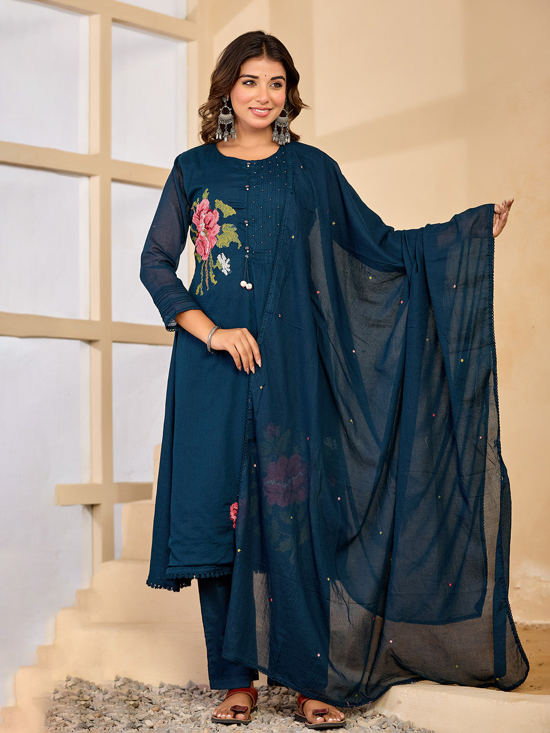 Embroidered Cotton Suit With Pant &amp; Dupatta
