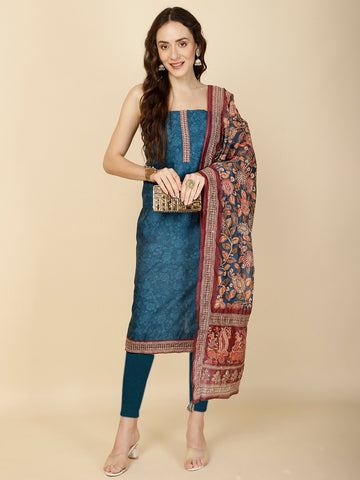 Kantha Embroidery & Printed Chanderi Unstitched Suit Piece With Dupatta