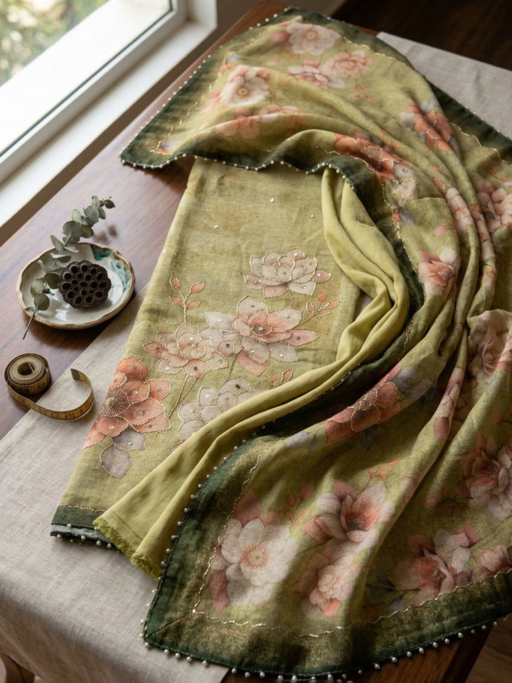 Embroidered Chanderi Unstitched Suit With Pant &amp; Dupatta