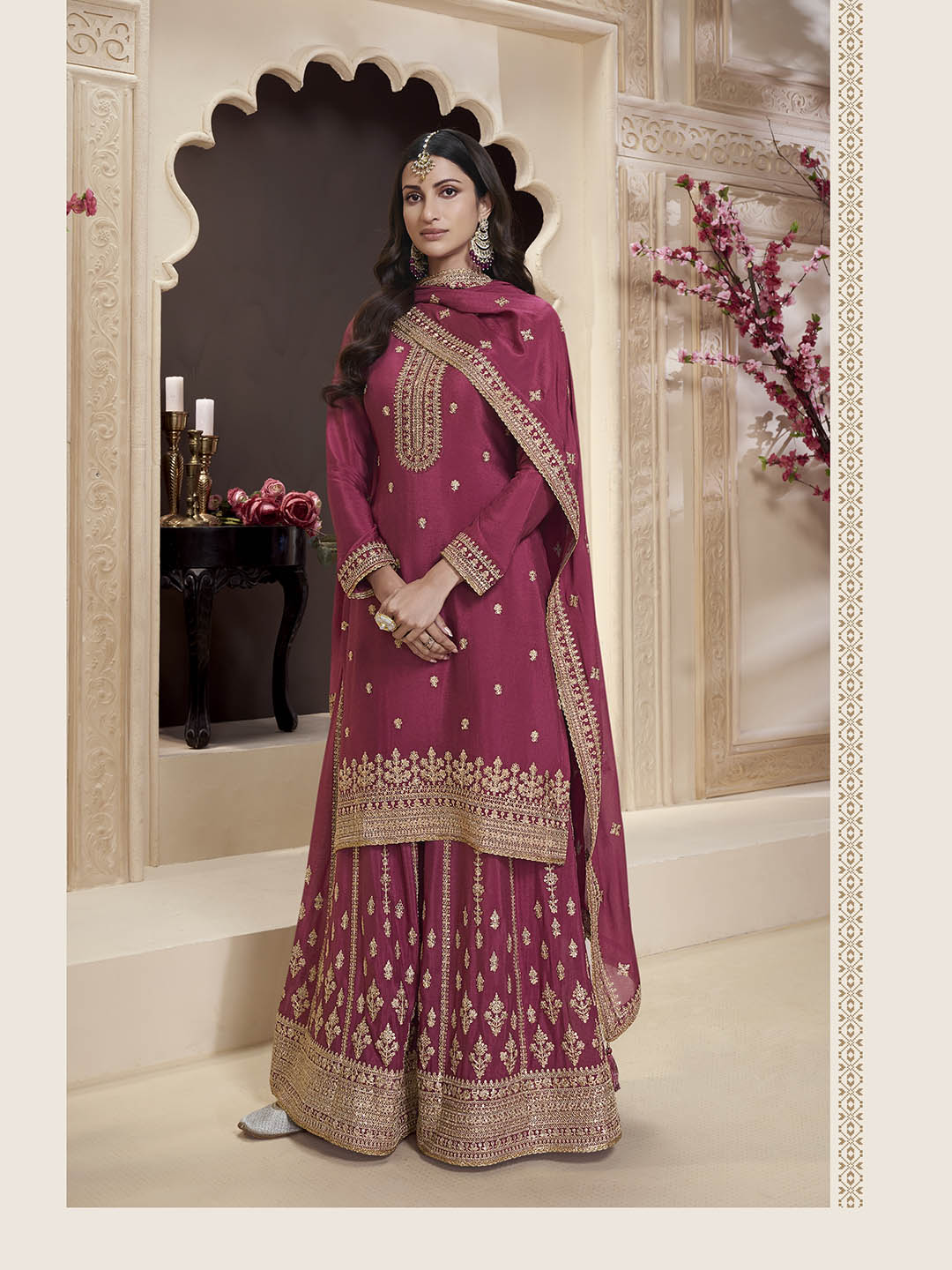 Embroidered Chinon Unstitched Suit With Pant &amp; Dupatta