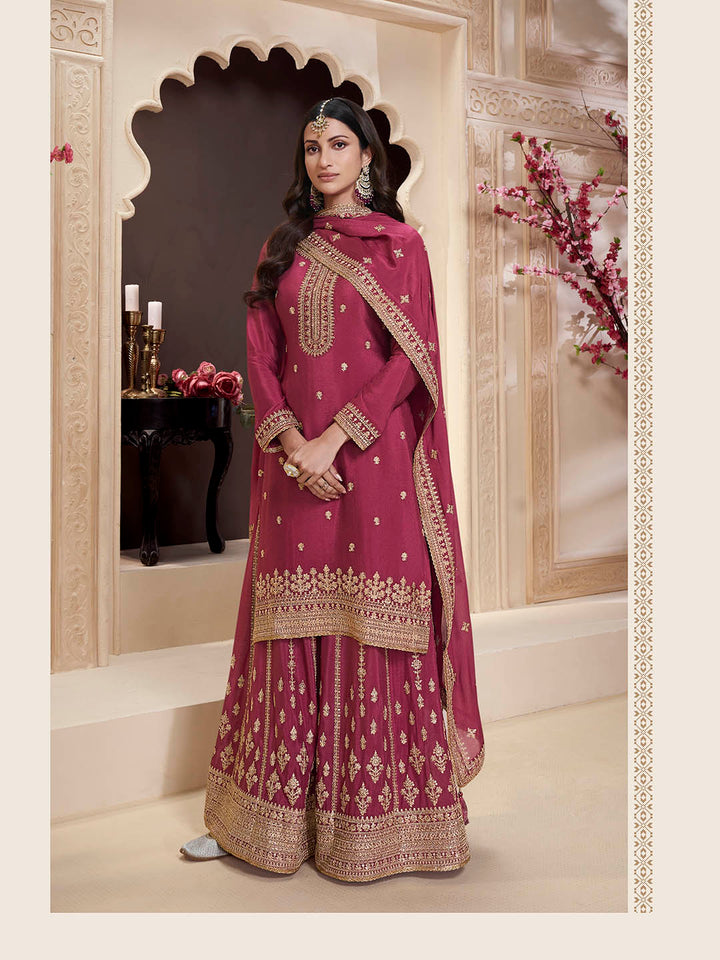 Embroidered Chinon Unstitched Suit With Pant &amp; Dupatta
