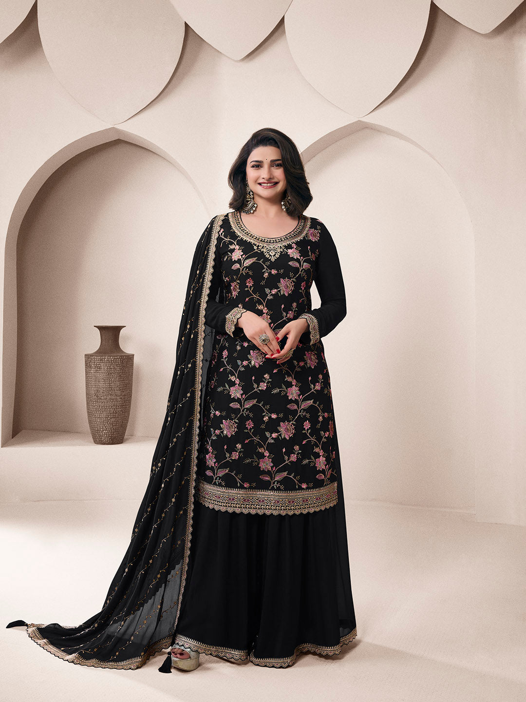 Embroidered Chinon Unstitched Suit With Pant &amp; Dupatta
